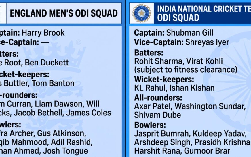 England Cricket Team vs India Cricket Team Players ODI 2026