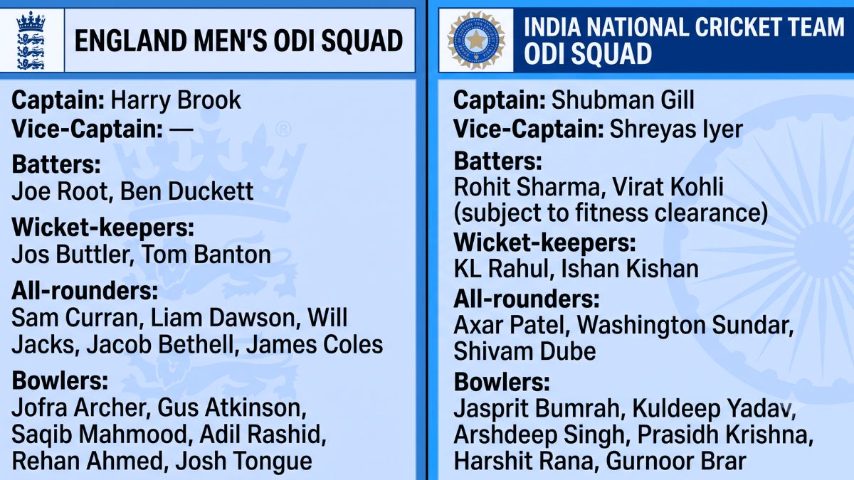England Cricket Team vs India Cricket Team Players ODI 2026